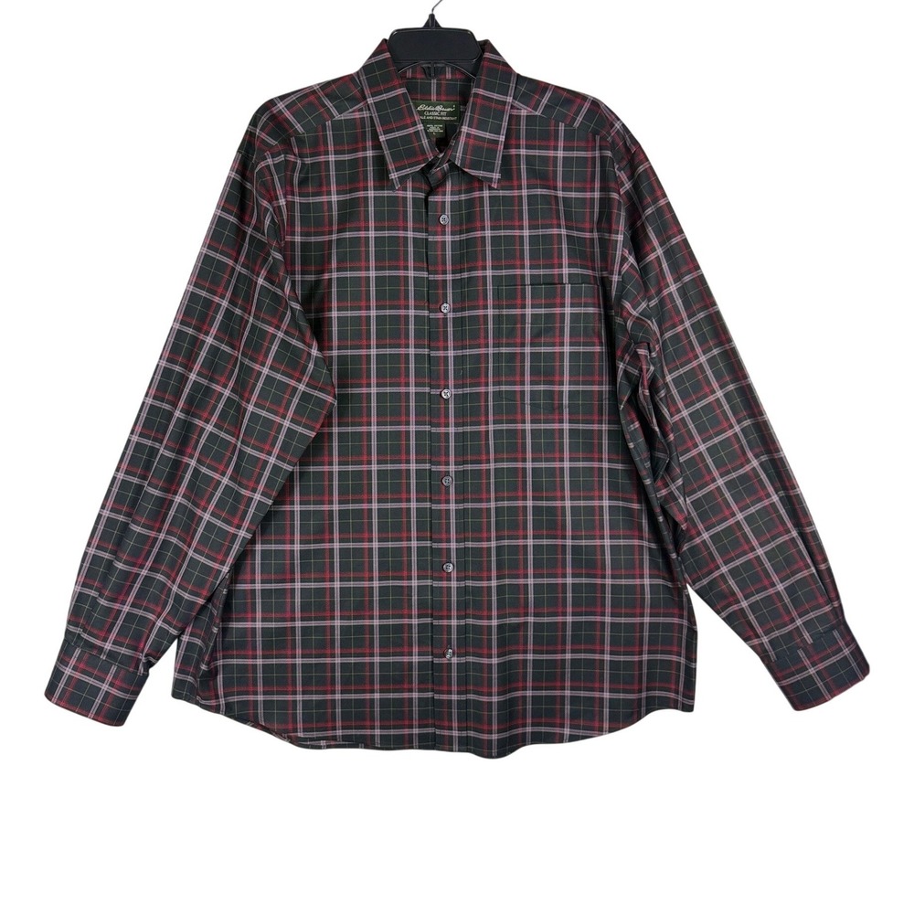 Eddie Bauer Classic Fit Mens Large Plaid Button Up Shirt Green Red Cotton Large